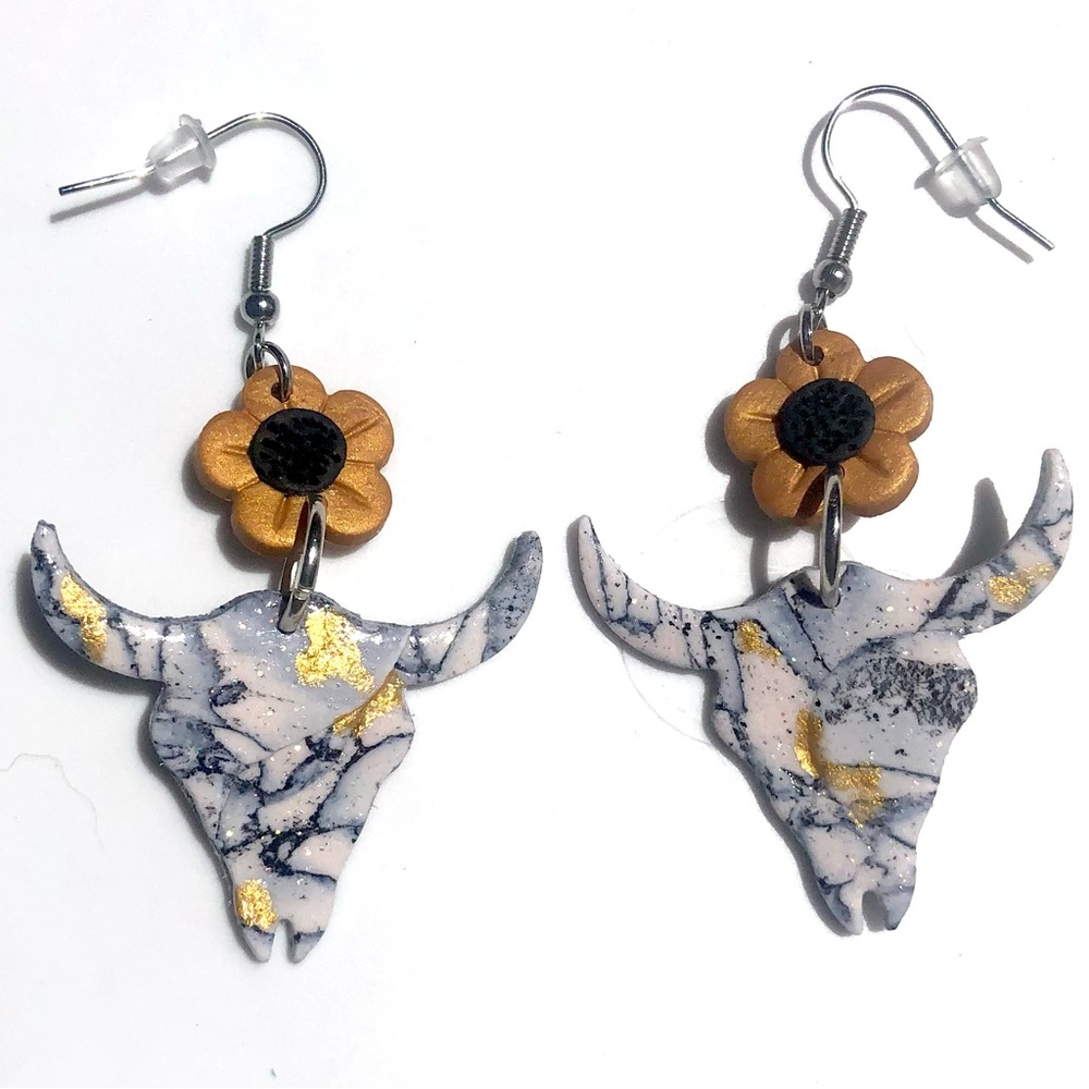Handmade Marble Bull Skull Earrings